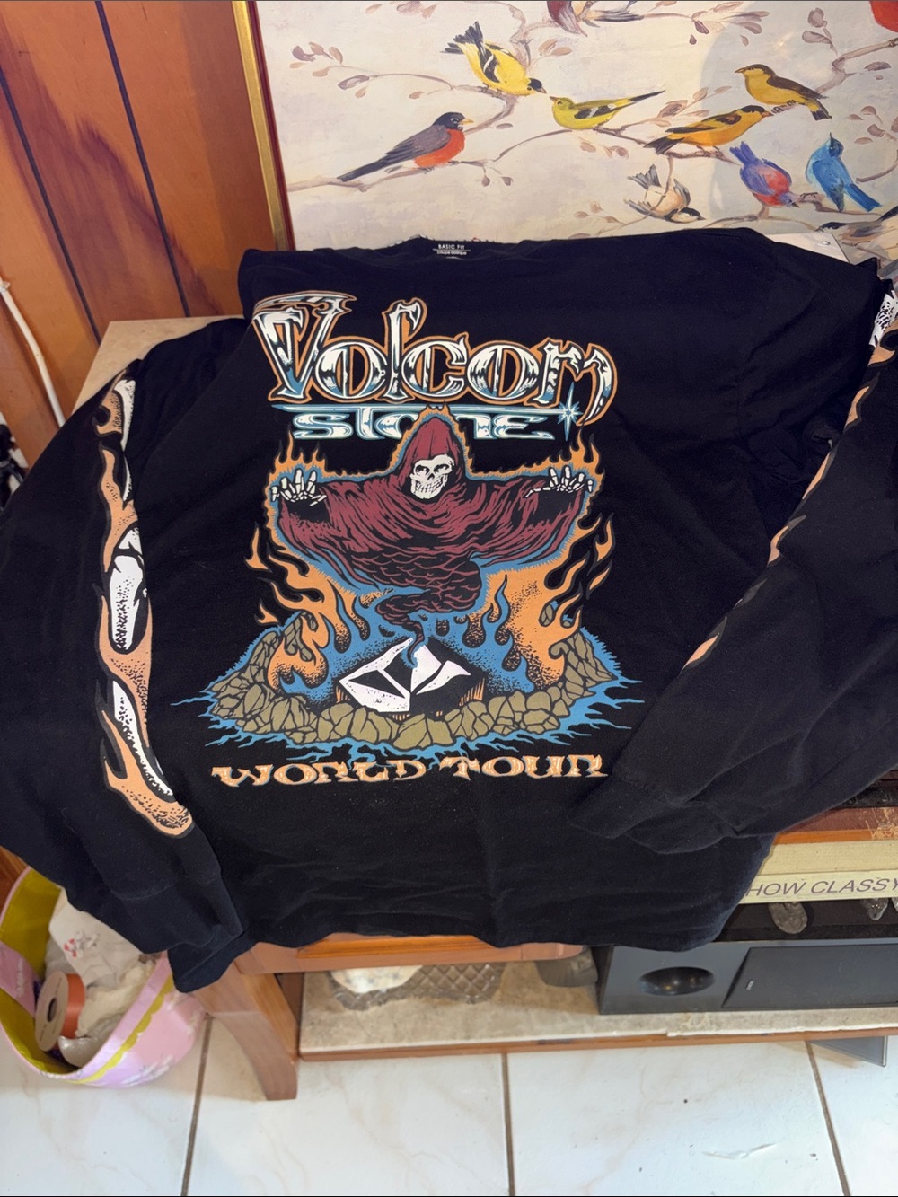 Volcom Black Long Sleeve Graphic Tee with Multicolor Flame Skull